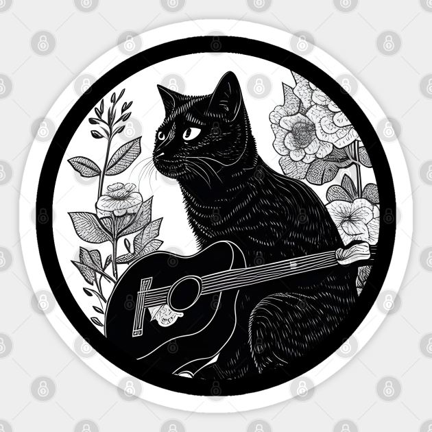 Black Cat Guitar Cat Playing Guitar Vintage Guitar Sticker